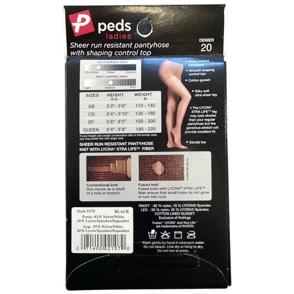 Peds Queen Size Black Silky Smooth Shaping Ultra Sheer Control Top Pantyhose NEW